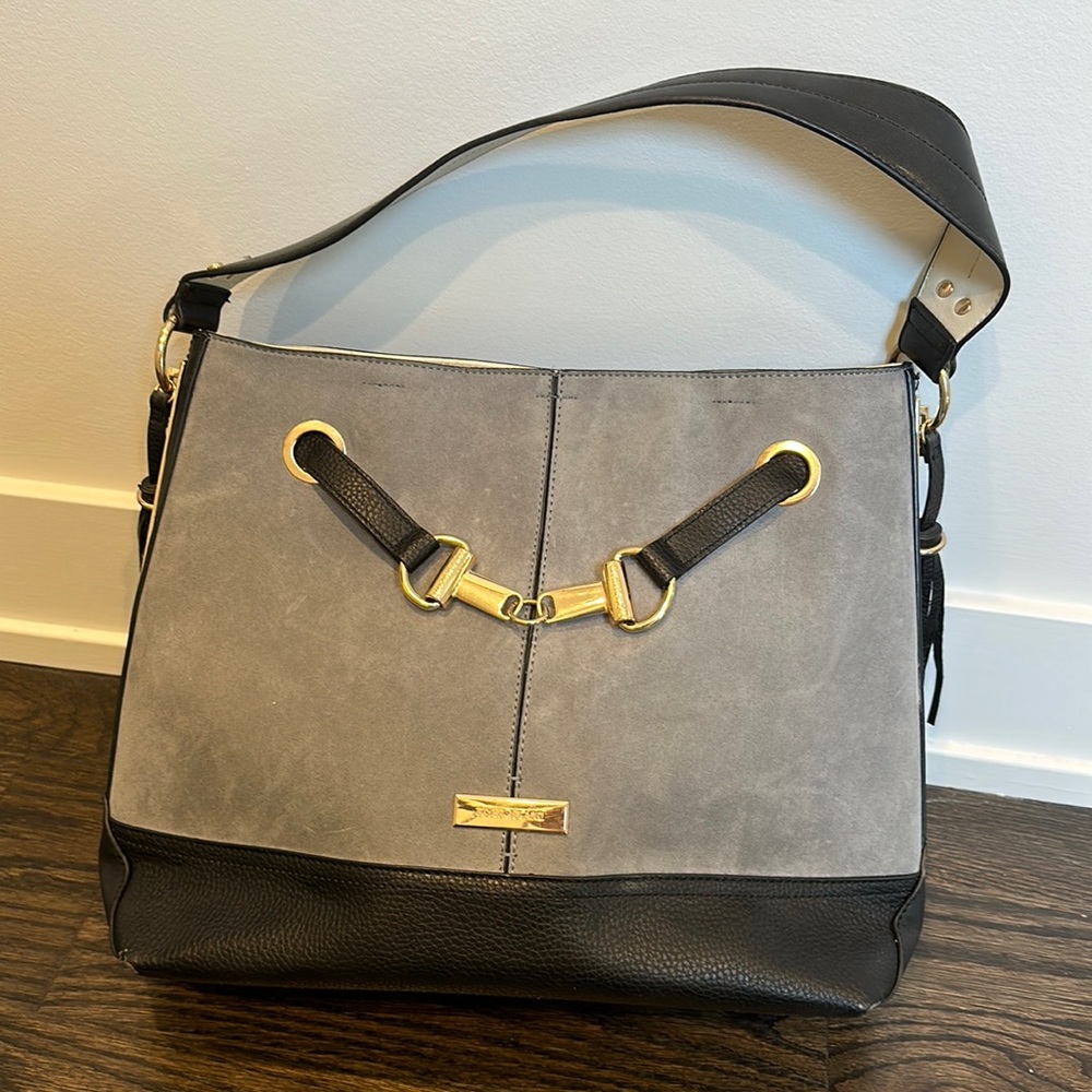River Island Suede Leather Black Grey Gold Clasp Tote Handbag